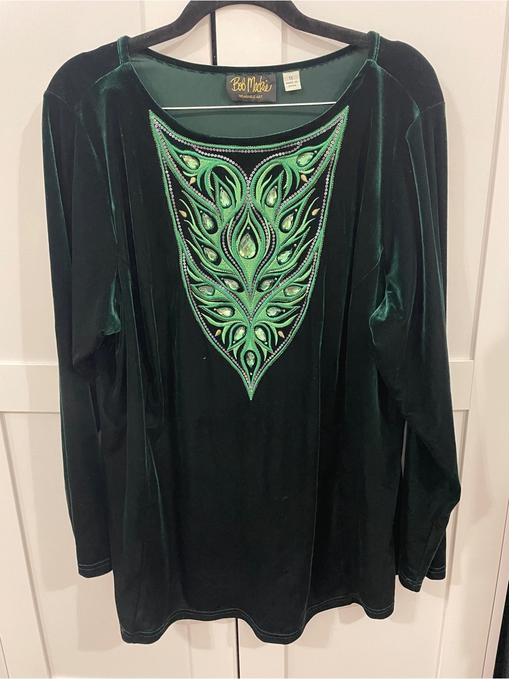 Bob Mackie Wearable Art Green Velvet Rhinestone Embroidered Tunic Top 1X